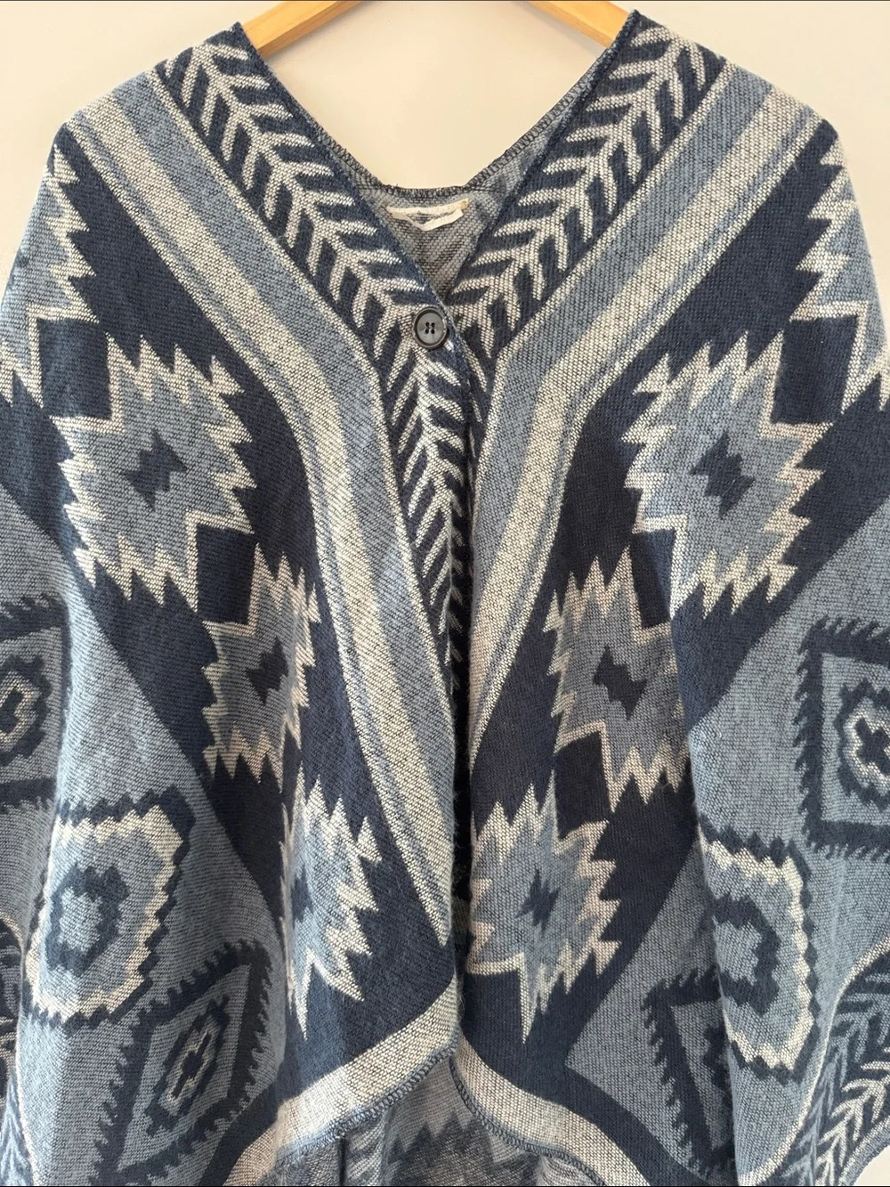 Collections Etc Blue Aztec Poncho Sweater with Button Closure